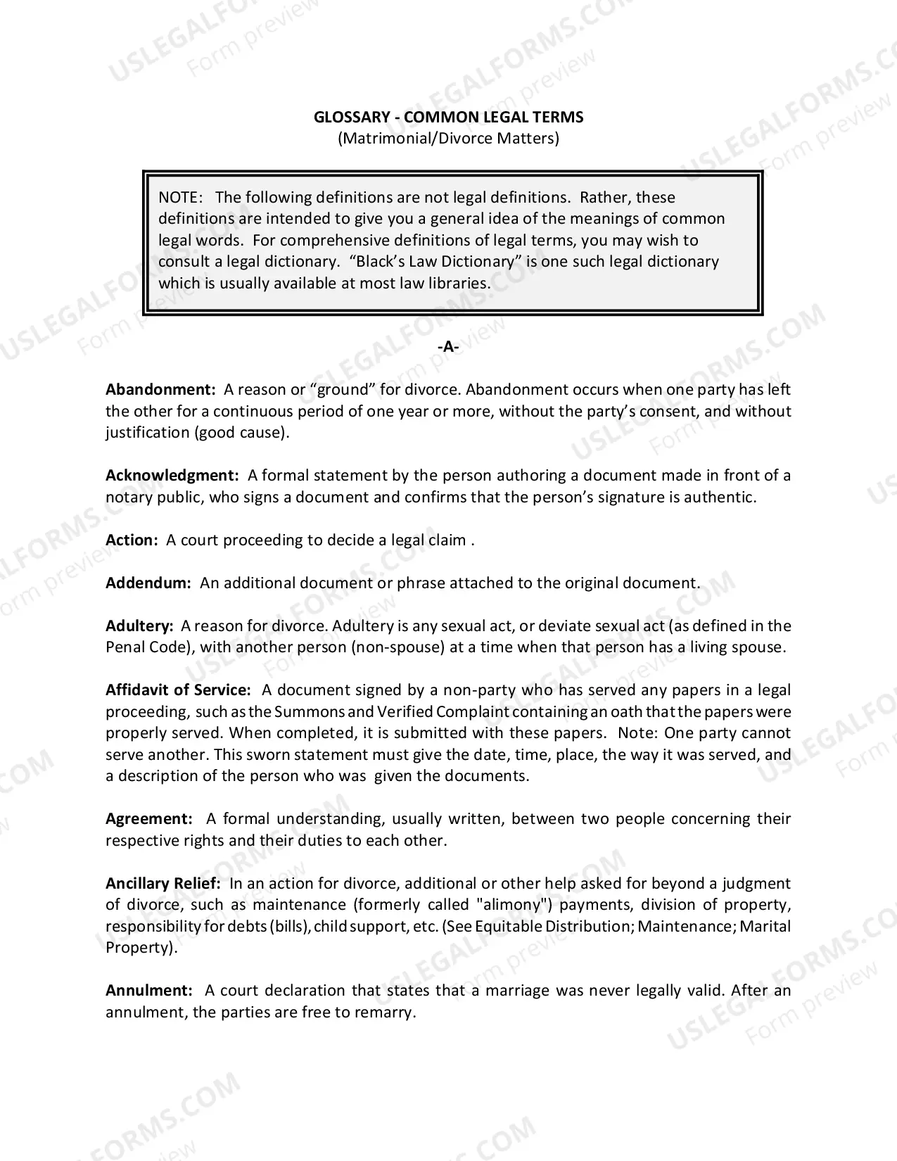 Preview Common Legal Terms - Matrimonial/Divorce Matters