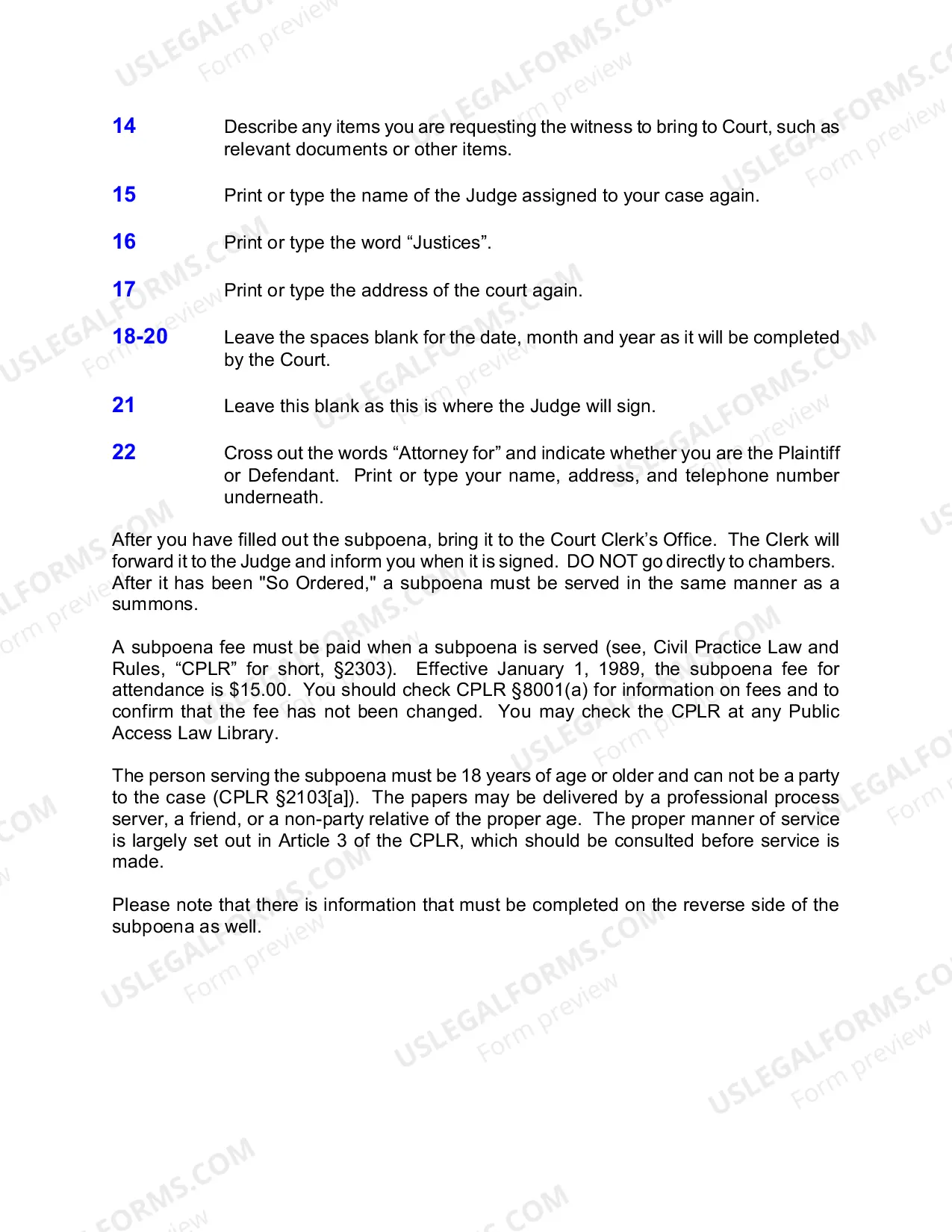 Preview Subpoena Duces Tecum Instructions with Sample