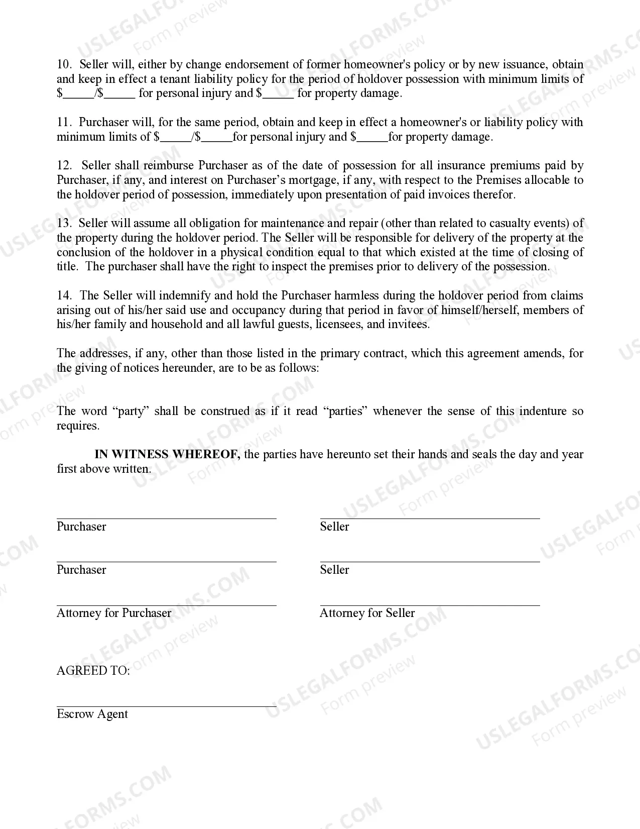 Preview Post-Closing Possession Agreement