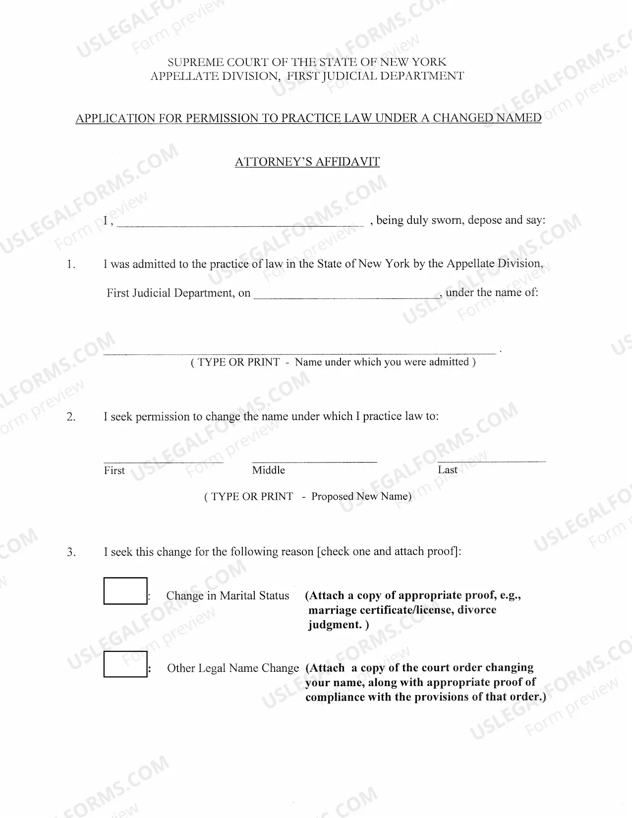 Preview Application For Permission To Practice Law Under Changed Name - Attorneys Affidavit