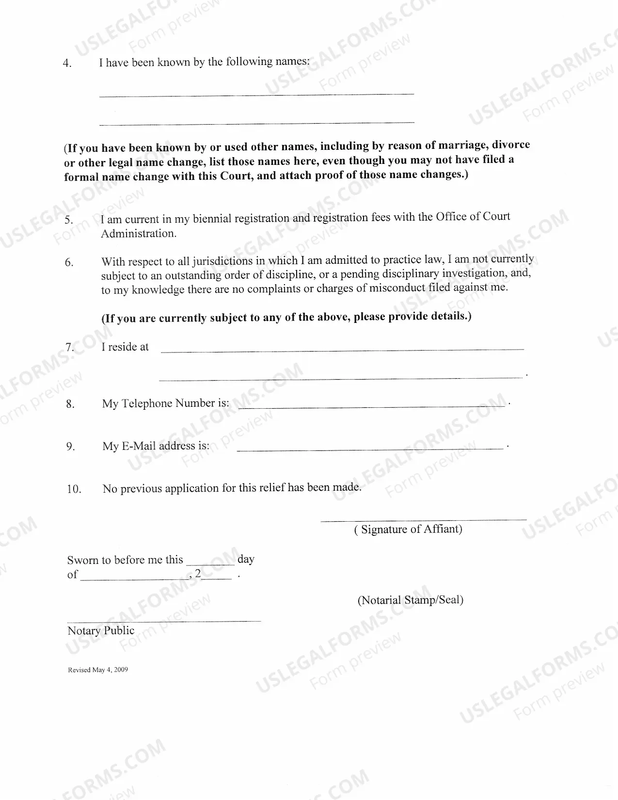Preview Application For Permission To Practice Law Under Changed Name - Attorneys Affidavit