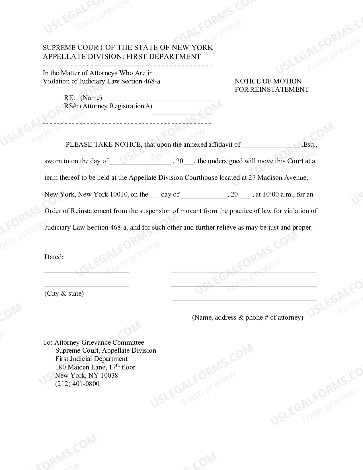 Preview Instructions & Forms for a Motion for Reinstatement for Violation of Judiciary Law section 468-a