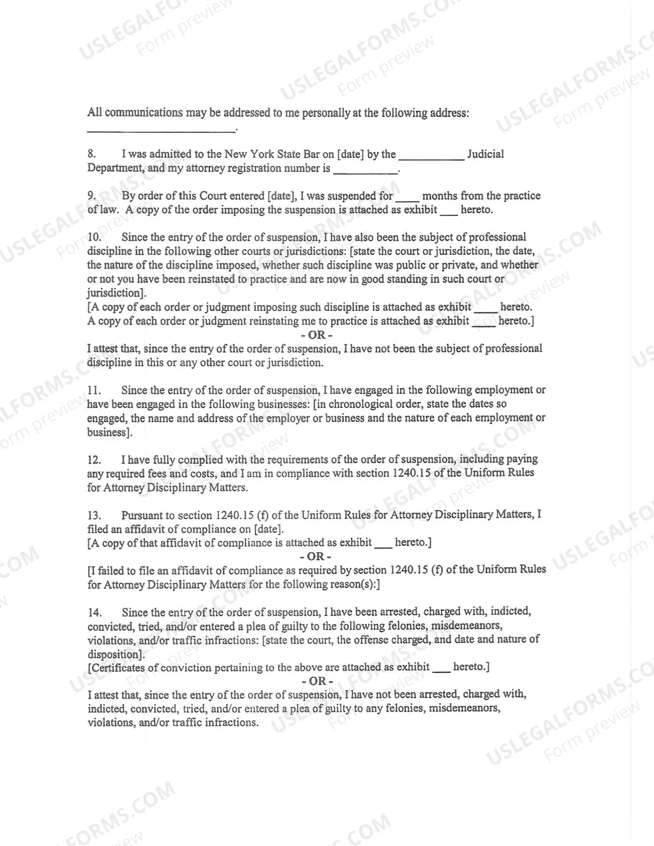 Preview Instructions: Application for Reinstatement to the Bar After Suspension of Six Months or Less