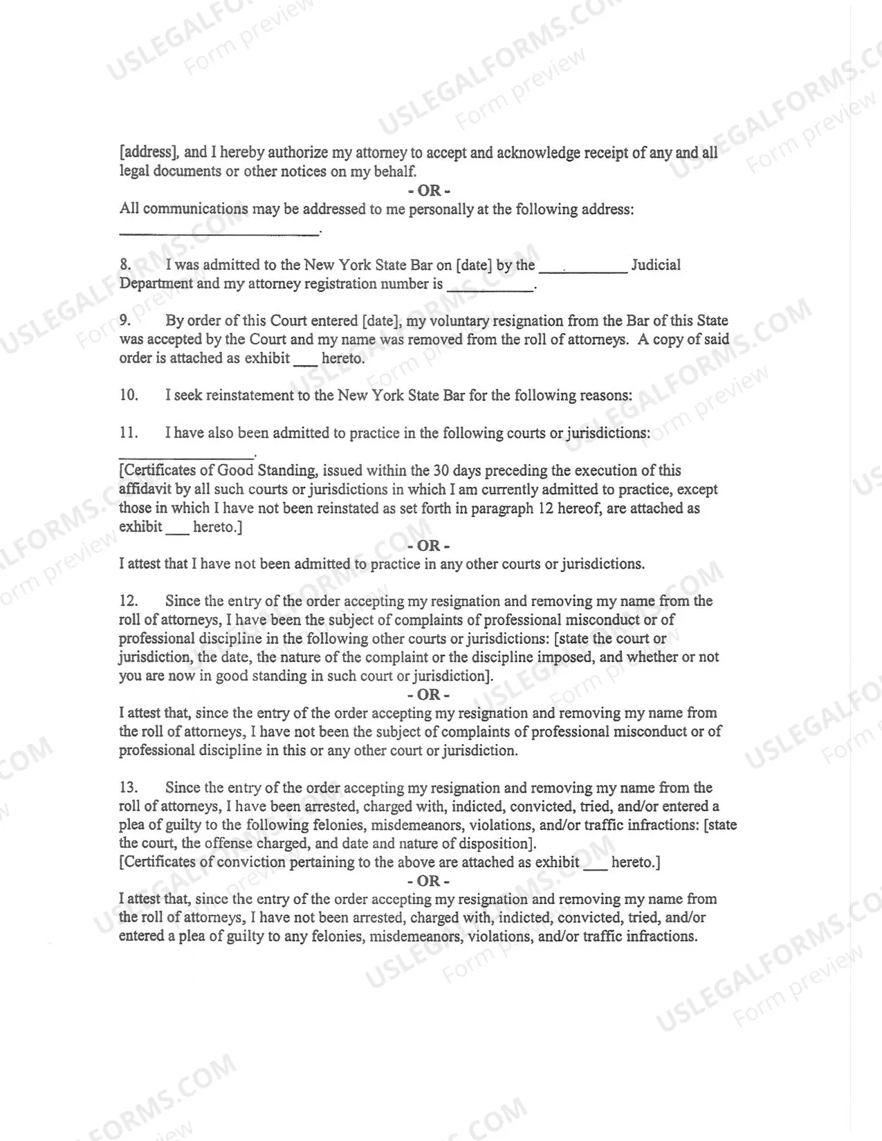 Preview Instructions: Application for Reinstatement to the Bar After Non Disciplinary Resignation