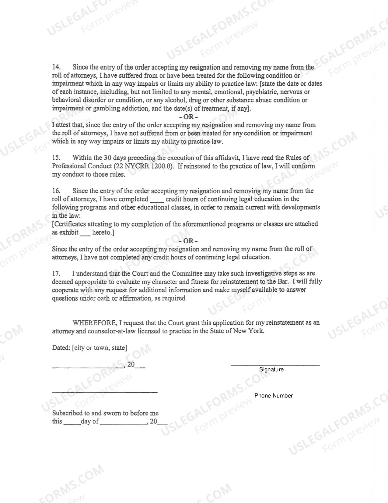 Preview Instructions: Application for Reinstatement to the Bar After Non Disciplinary Resignation
