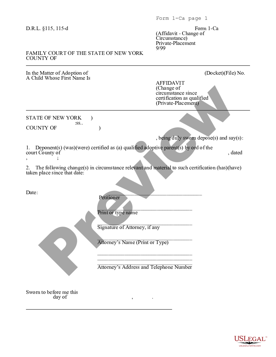 form Affidavit regarding Change of circumstance since certification as qualified adoptive parents - Private-Placement preview
