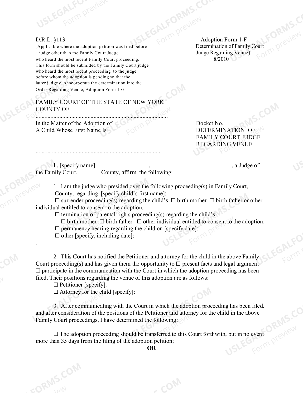 New York Determination of Family Court Judge Regarding Venue US Legal