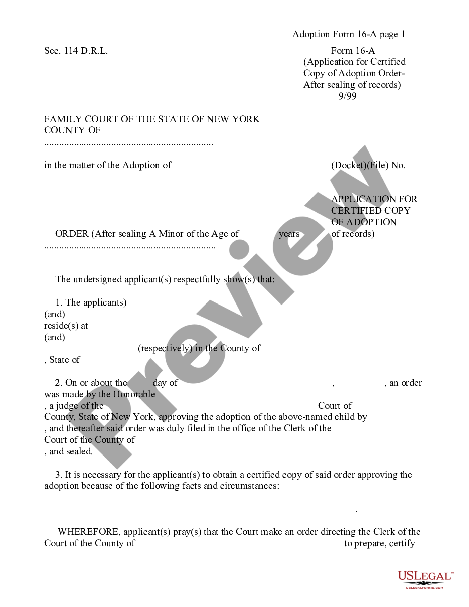 page 0 Application for Certified Copy of Adoption Order - After sealing of records preview