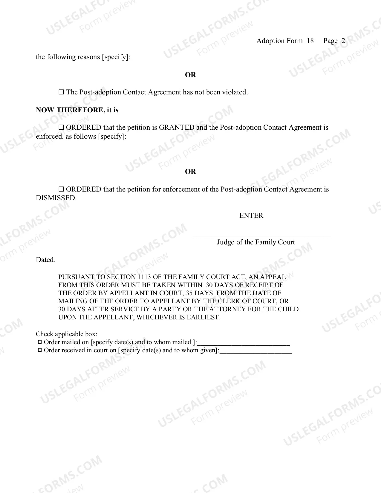 Preview Order Determining Petition For Enforcement of Post-adoption Contact Agreement (After Adoption Finalization)