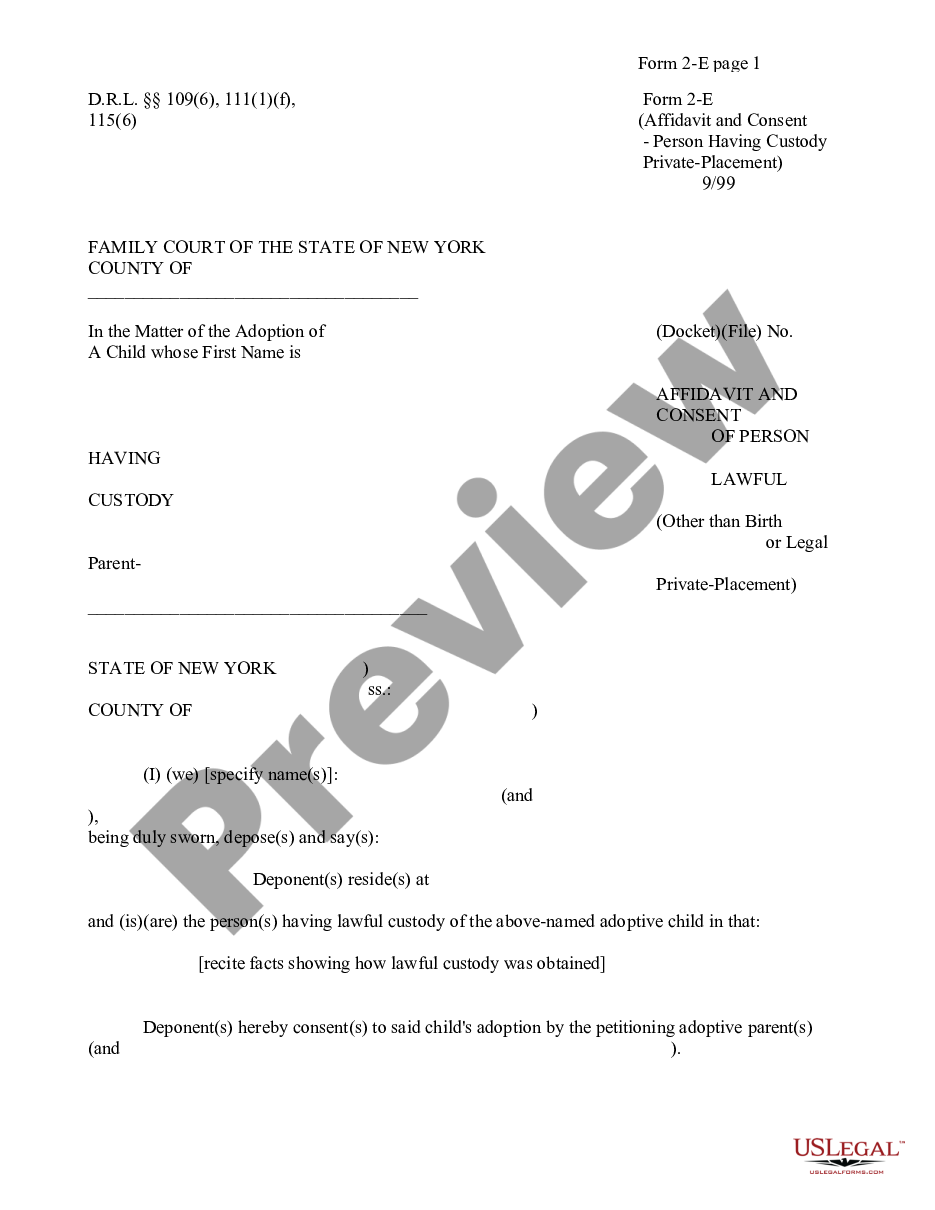 page 0 Affidavit and Consent of Person Having Lawful Custody - Other than Birth of Legal Parent - Private Placement preview
