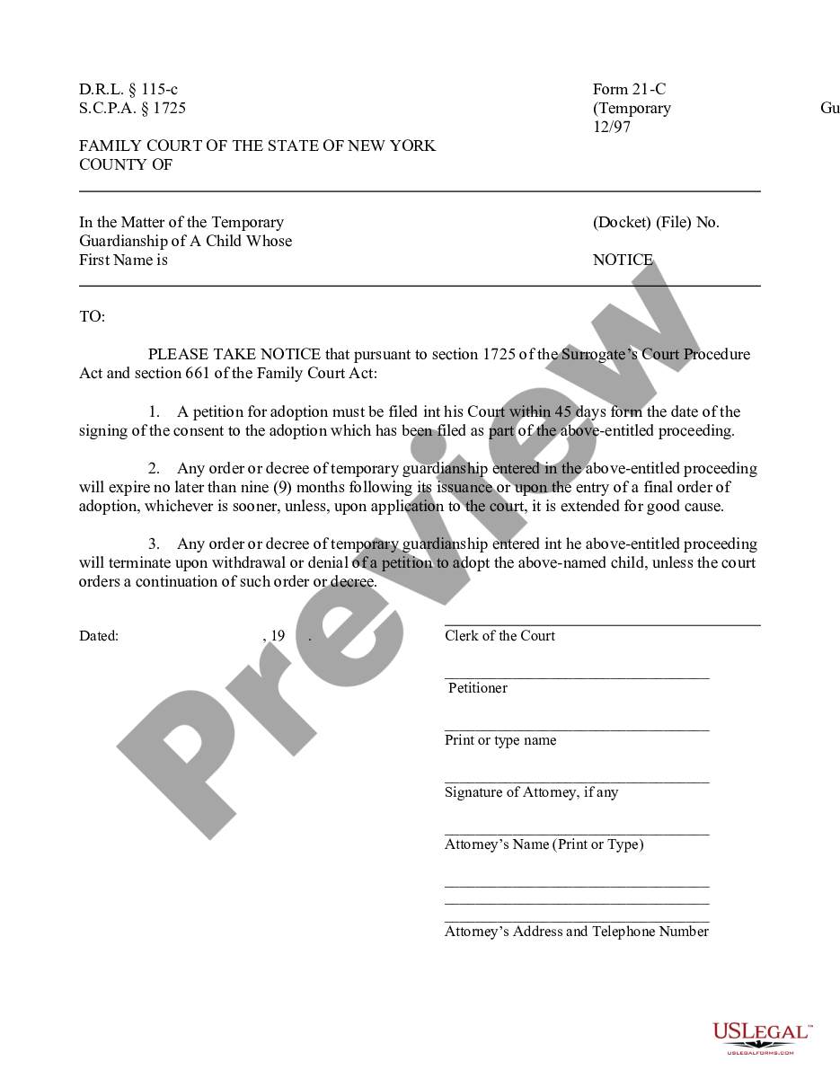 form Notice - Temporary Guardianship of the Person preview