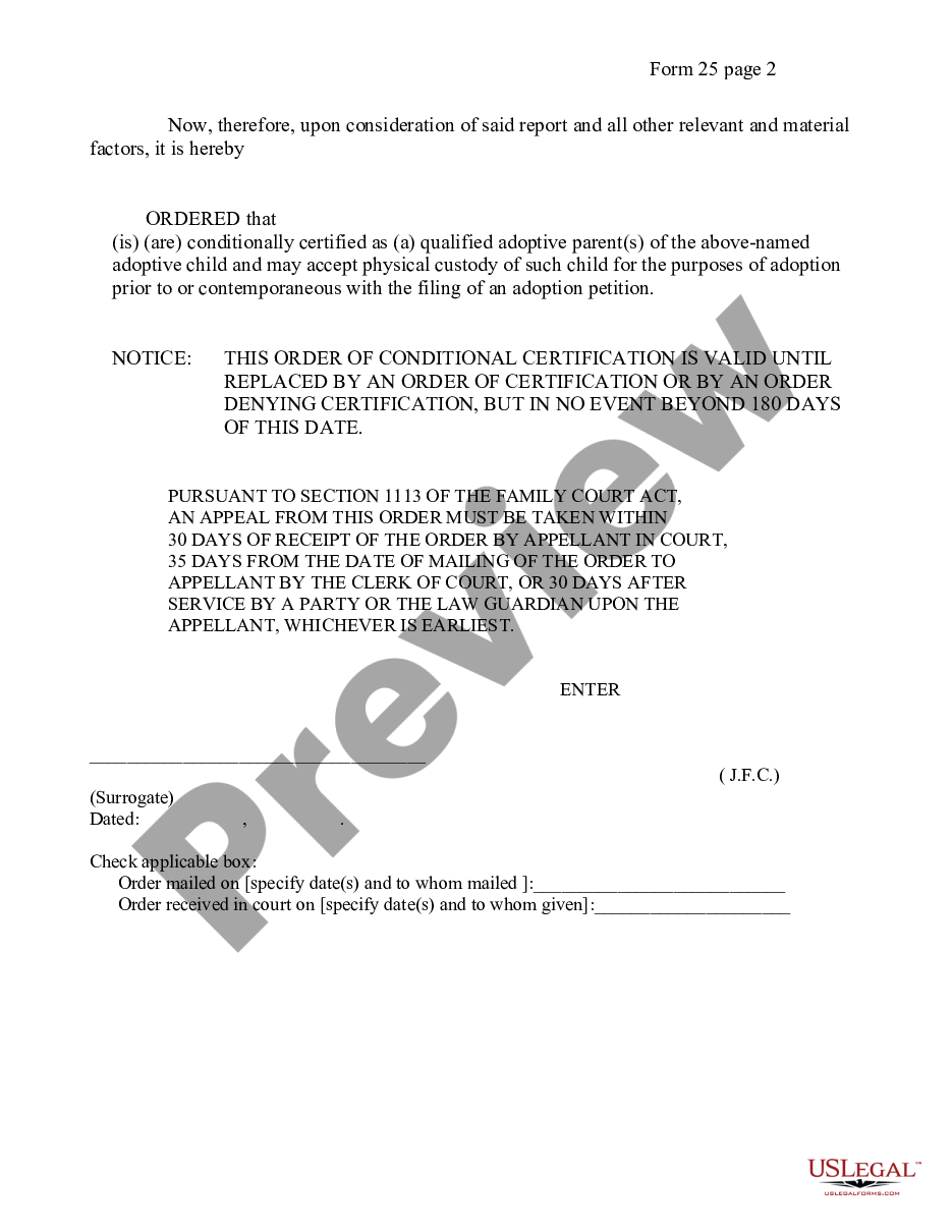 page 1 Order - Conditional Certification as a Qualified adoptive Parent preview
