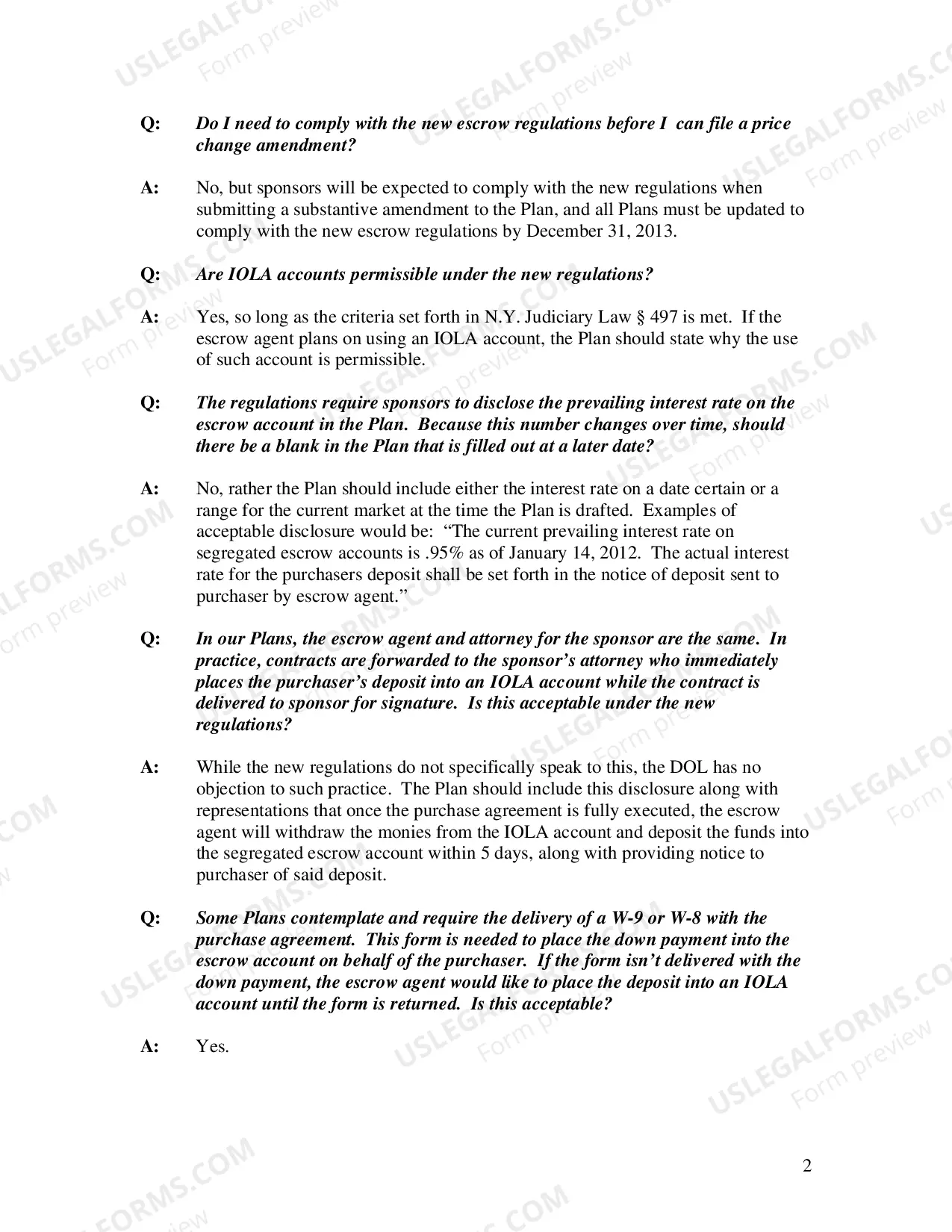Preview Memo Regarding FAQ for Escrow Regulations 2013