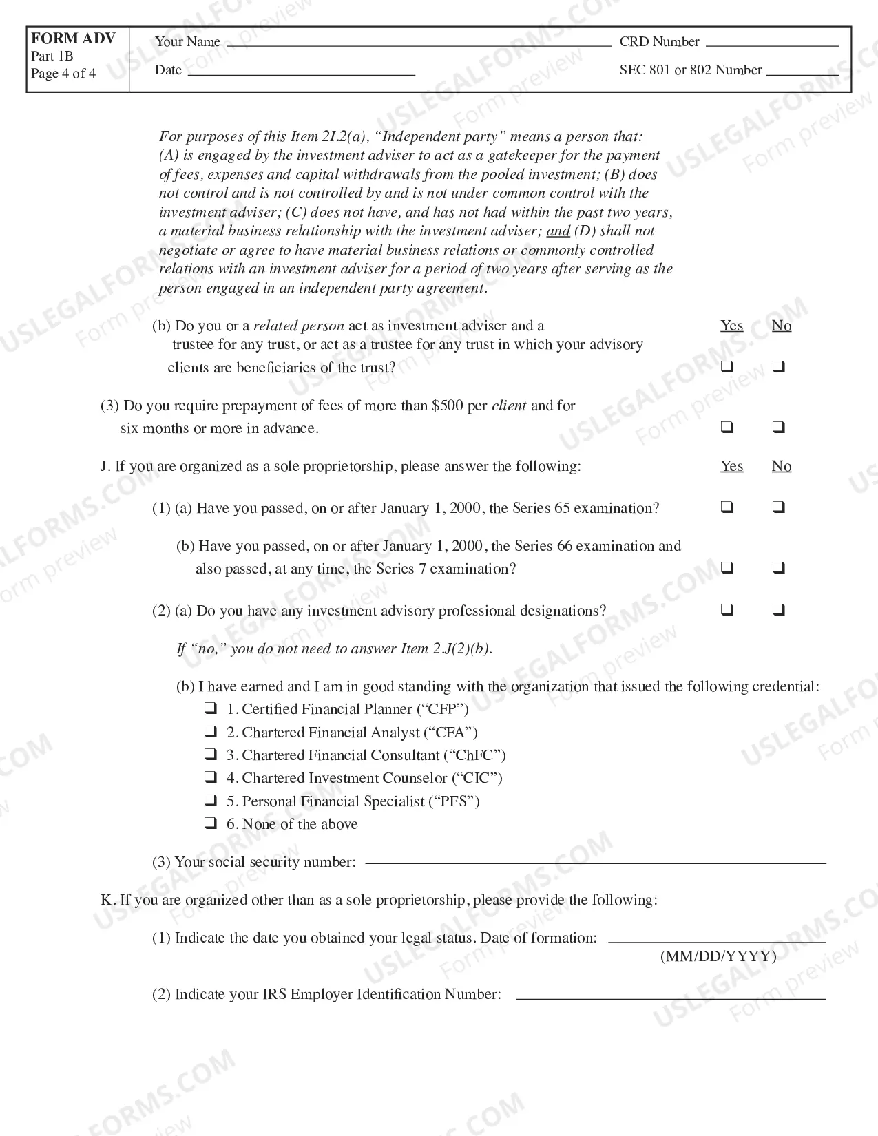 Preview Form ADV- Part 1B Uniform Application for Investment Adviser Registration