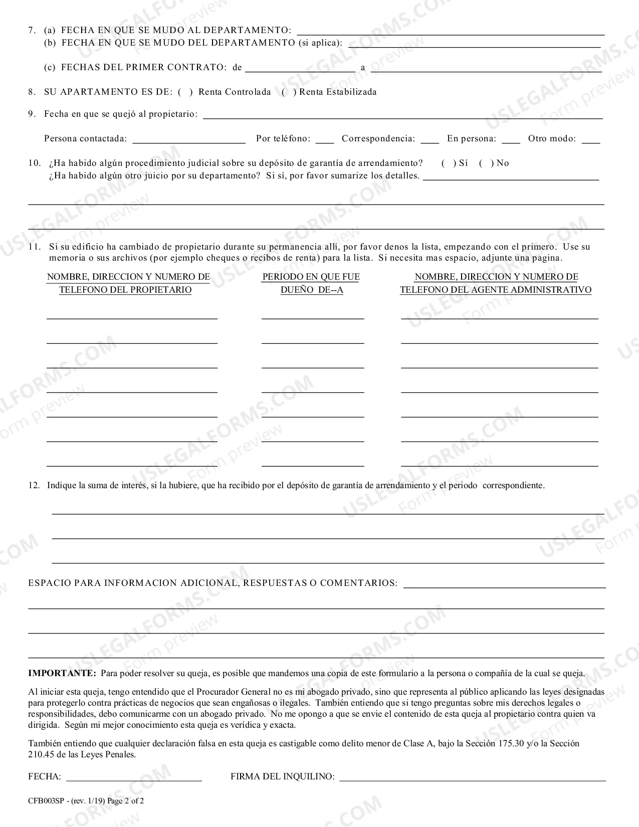 Preview Rent Security Deposit Complaint Form (En Espanol)