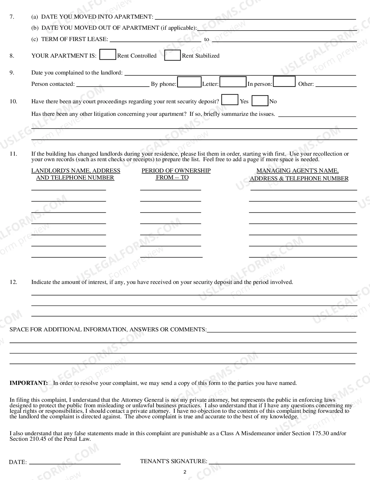 Preview Rent Security Deposit Complaint Form