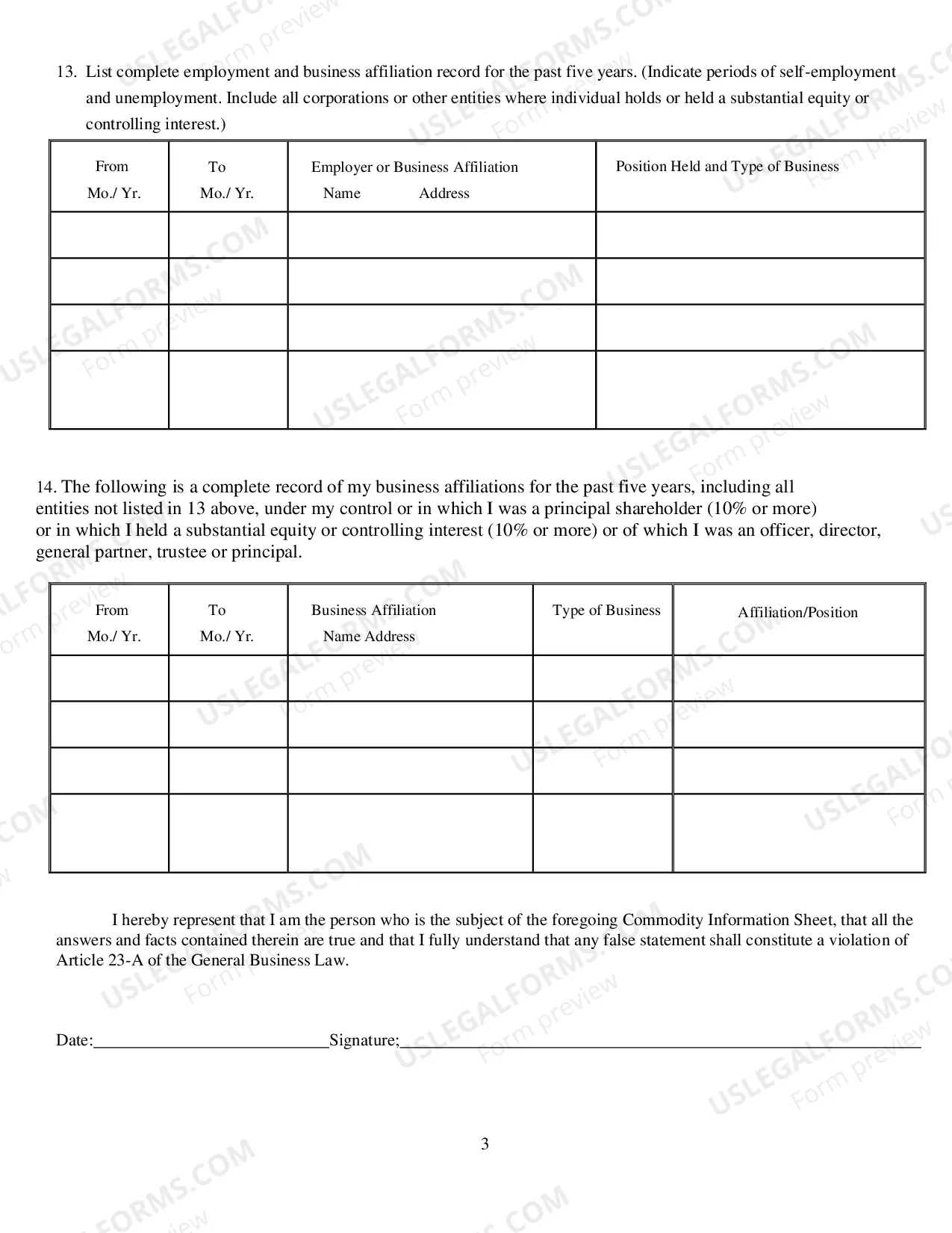 Preview Commodity Information Sheet