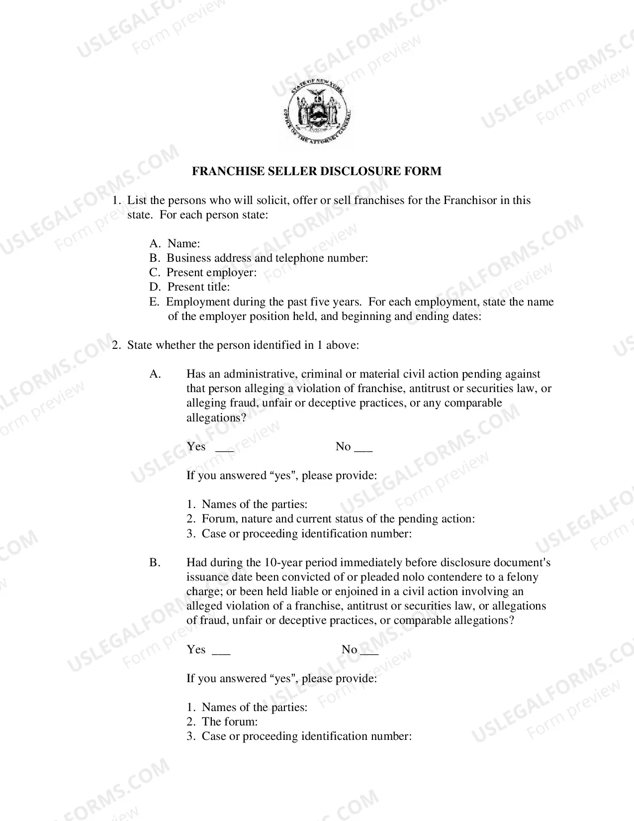 Preview Franchise Seller Disclosure Form