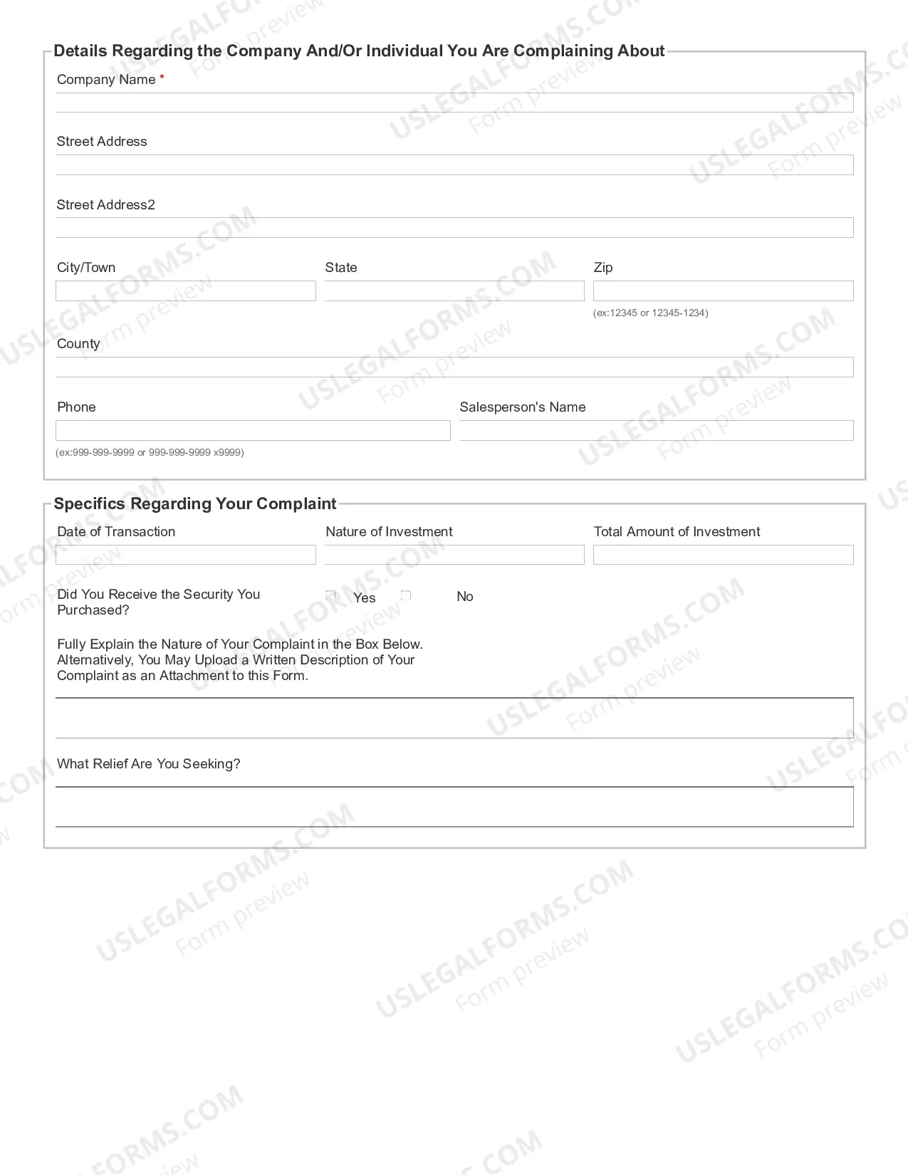 Preview Investor Protection & Securities Bureau Complaint Form PDF