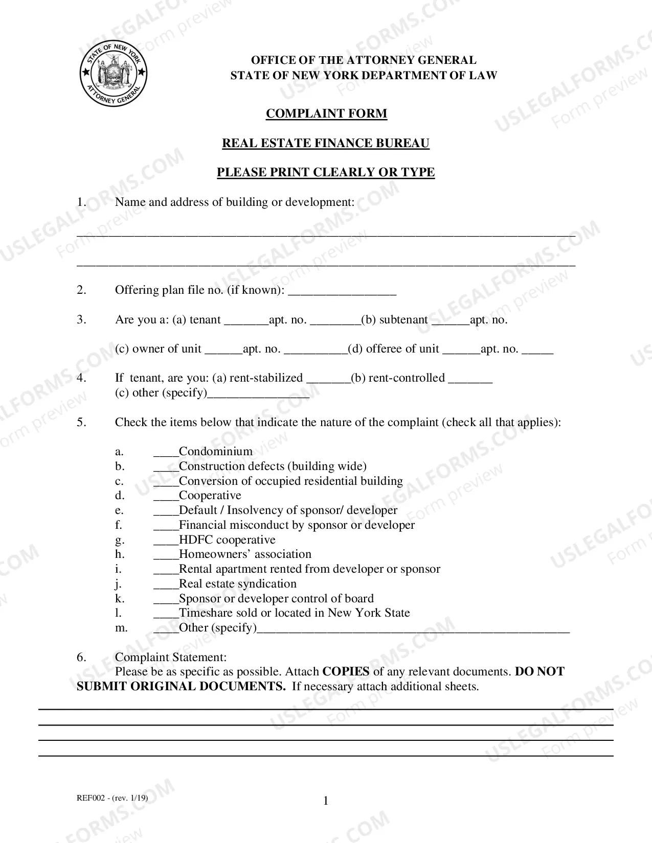 Preview Real Estate Finance Bureau Complaint Form PDF