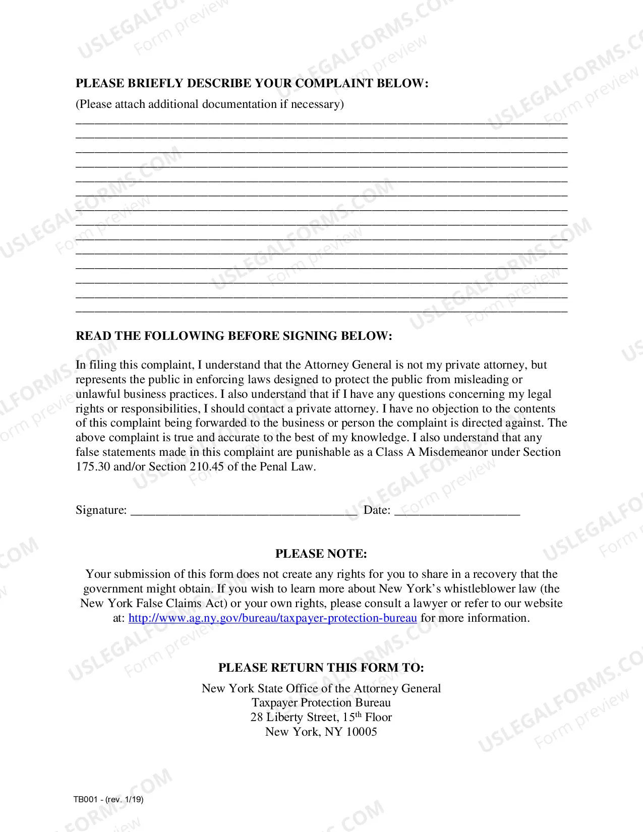 Preview Taxpayer Protection Bureau Complaint Form PDF
