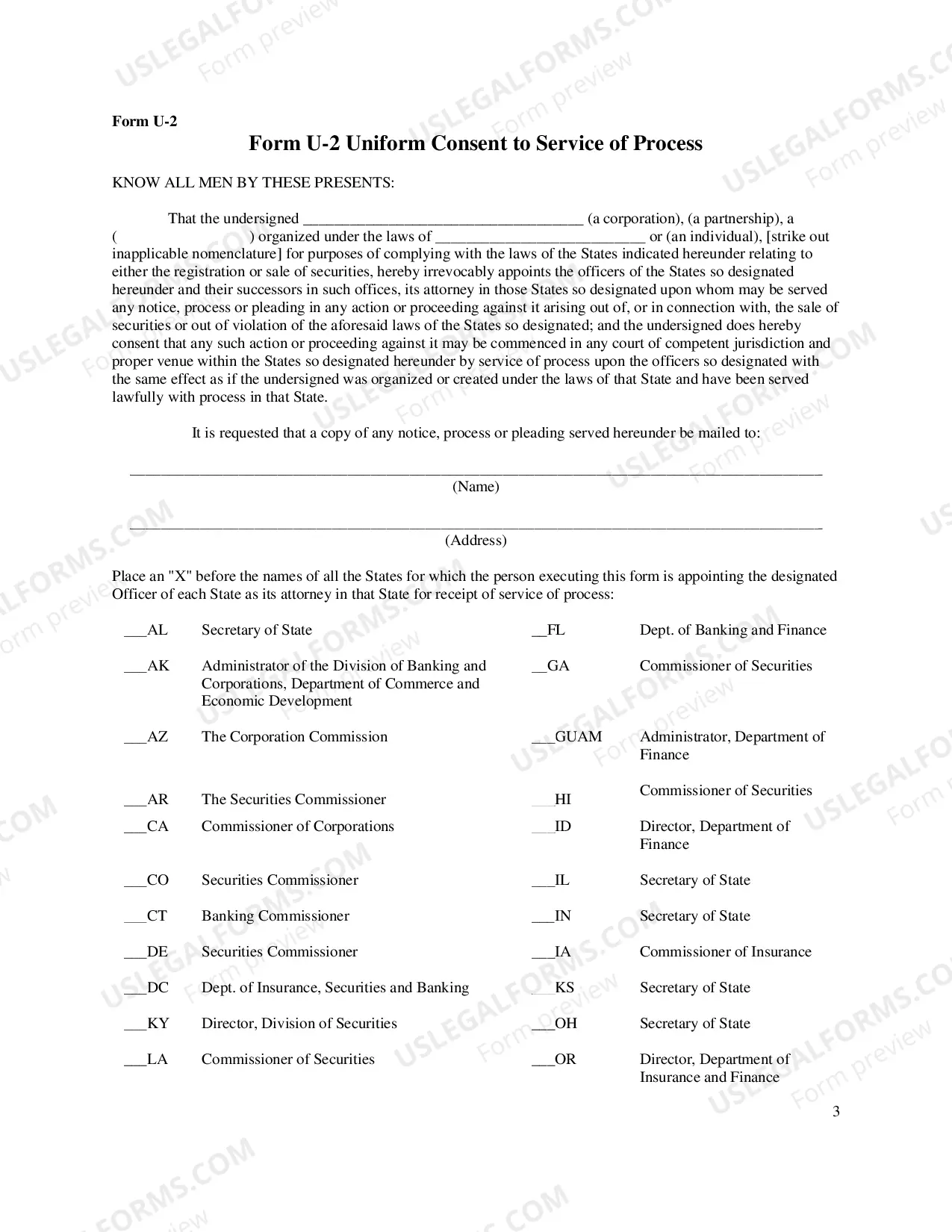 Preview Form U-2 Uniform Consent To Service of Process