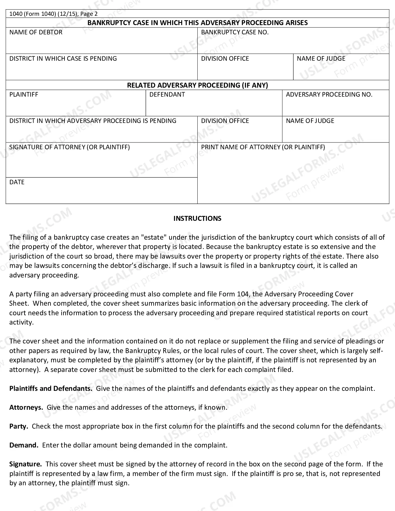 Preview Adversary Proceeding Cover Sheet