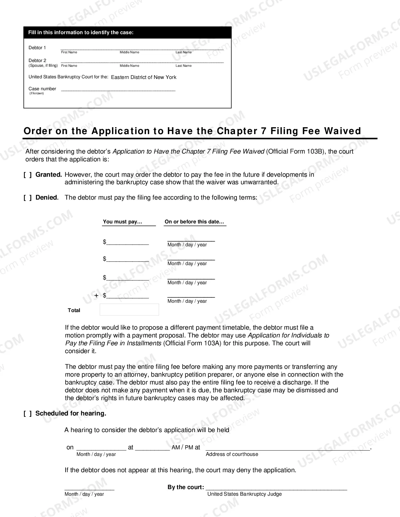 Preview Application For And Order On Waiver of Chapter 7 Filing Fee (NYEB)