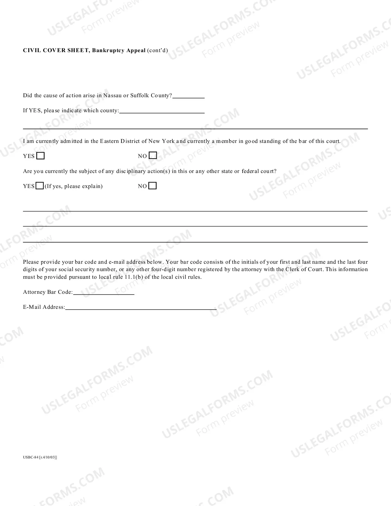 Preview Civil Cover Sheet - Bankruptcy Appeal