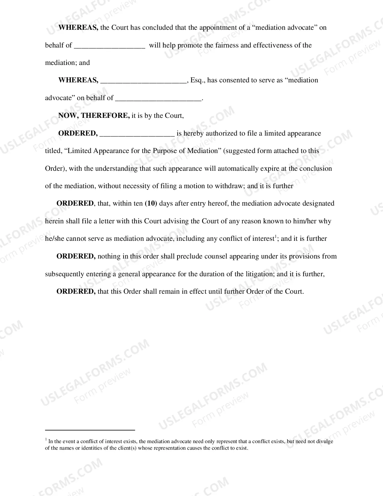 Preview Order Appointing Mediation Advocate
