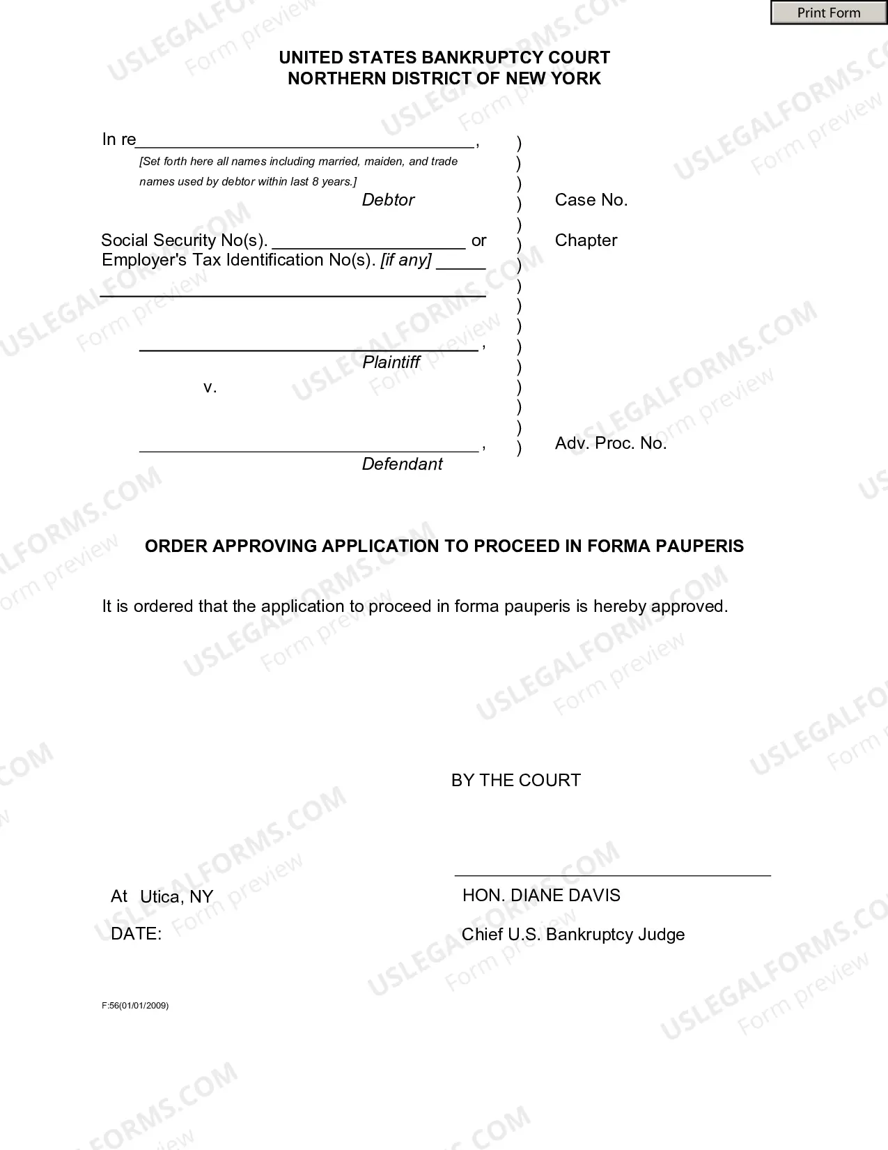 Preview Order Approving Application to Proceed In Forma Pauperis in an Adversary Case Filing