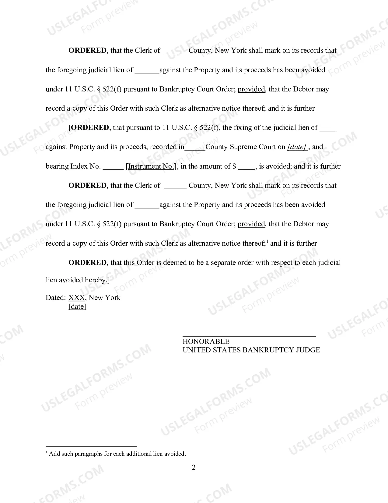 Preview Form of Order Avoiding Judicial Liens
