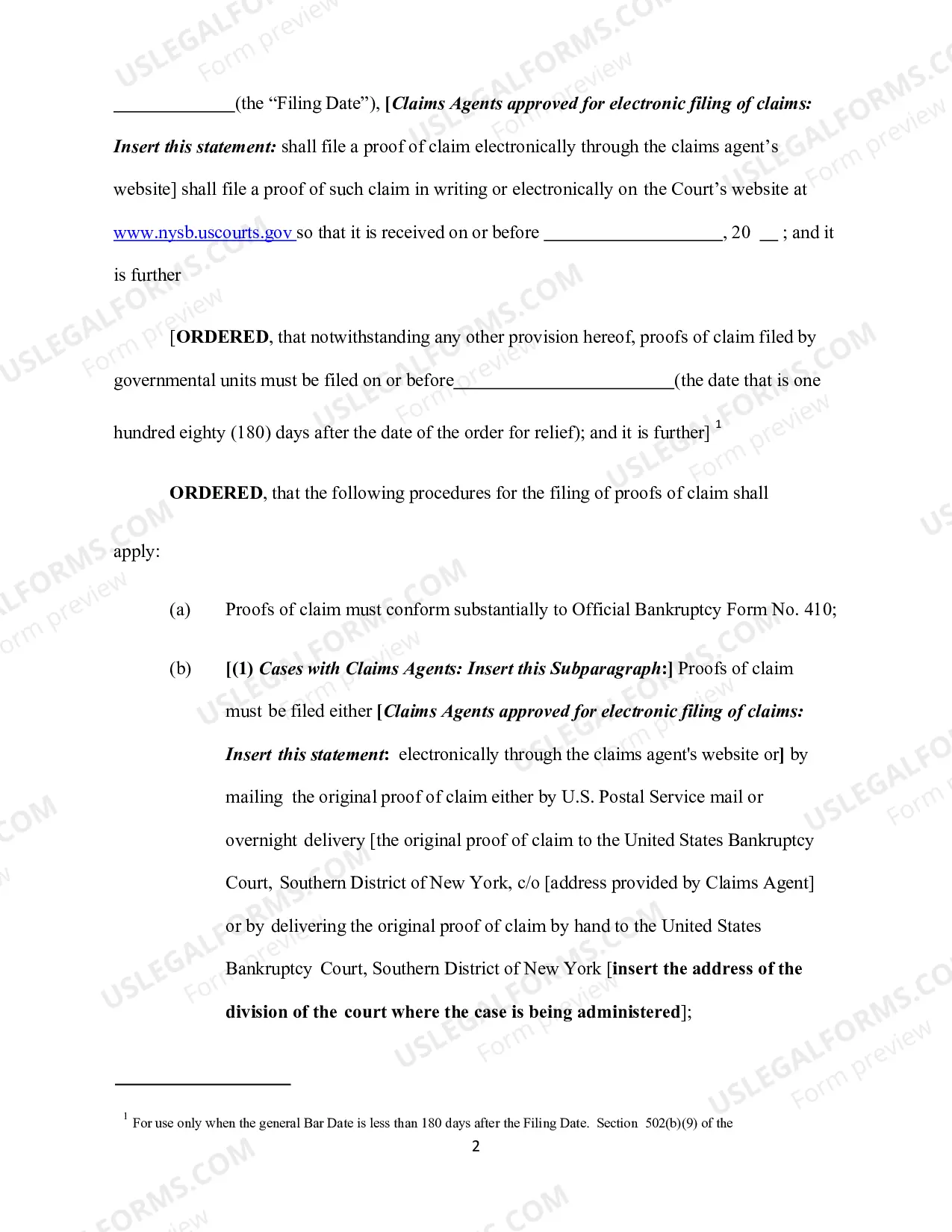 Preview FORM ORDER ESTABLISHING DEADLINE FOR FILING PROOFS of CLAIM (BAR DATE)