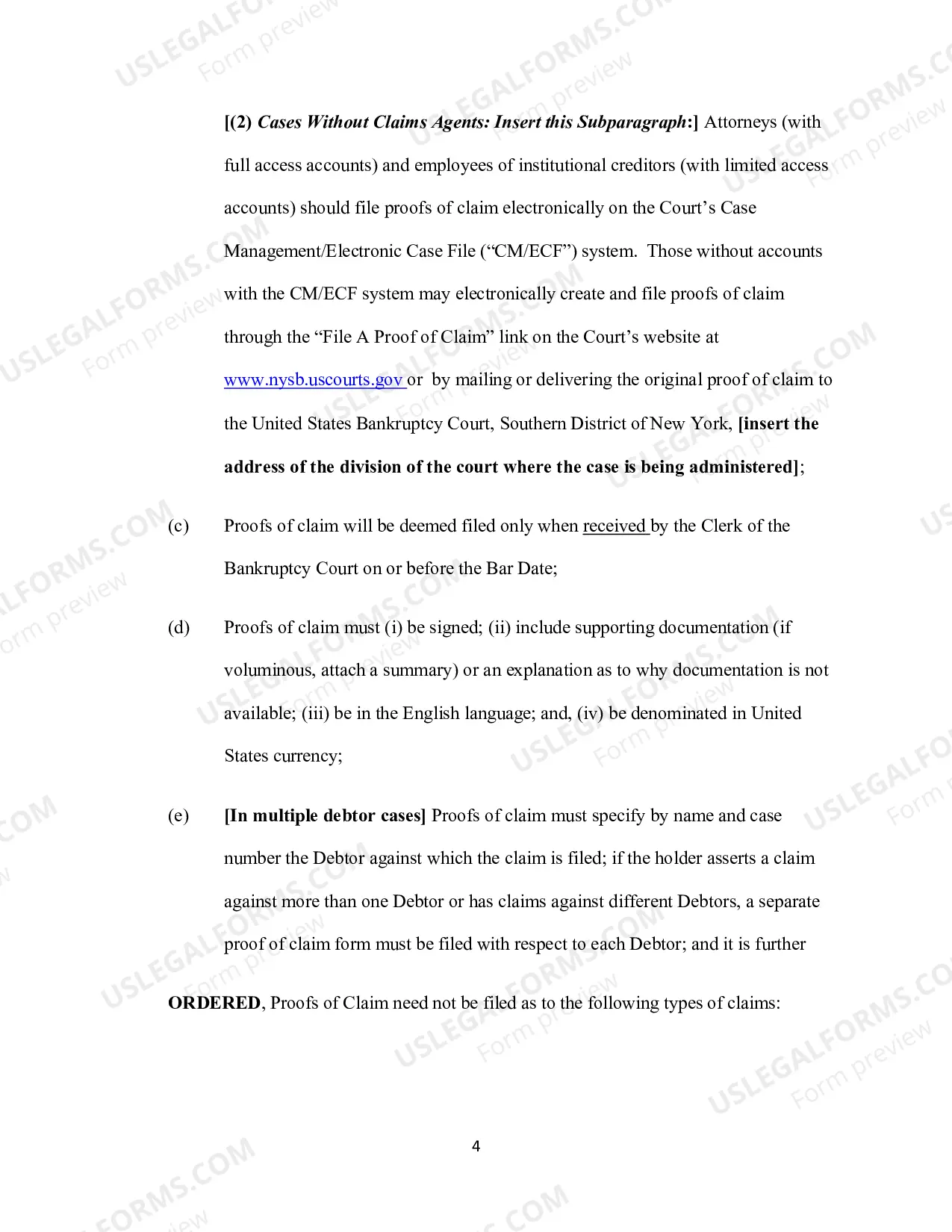 Preview FORM ORDER ESTABLISHING DEADLINE FOR FILING PROOFS of CLAIM (BAR DATE)