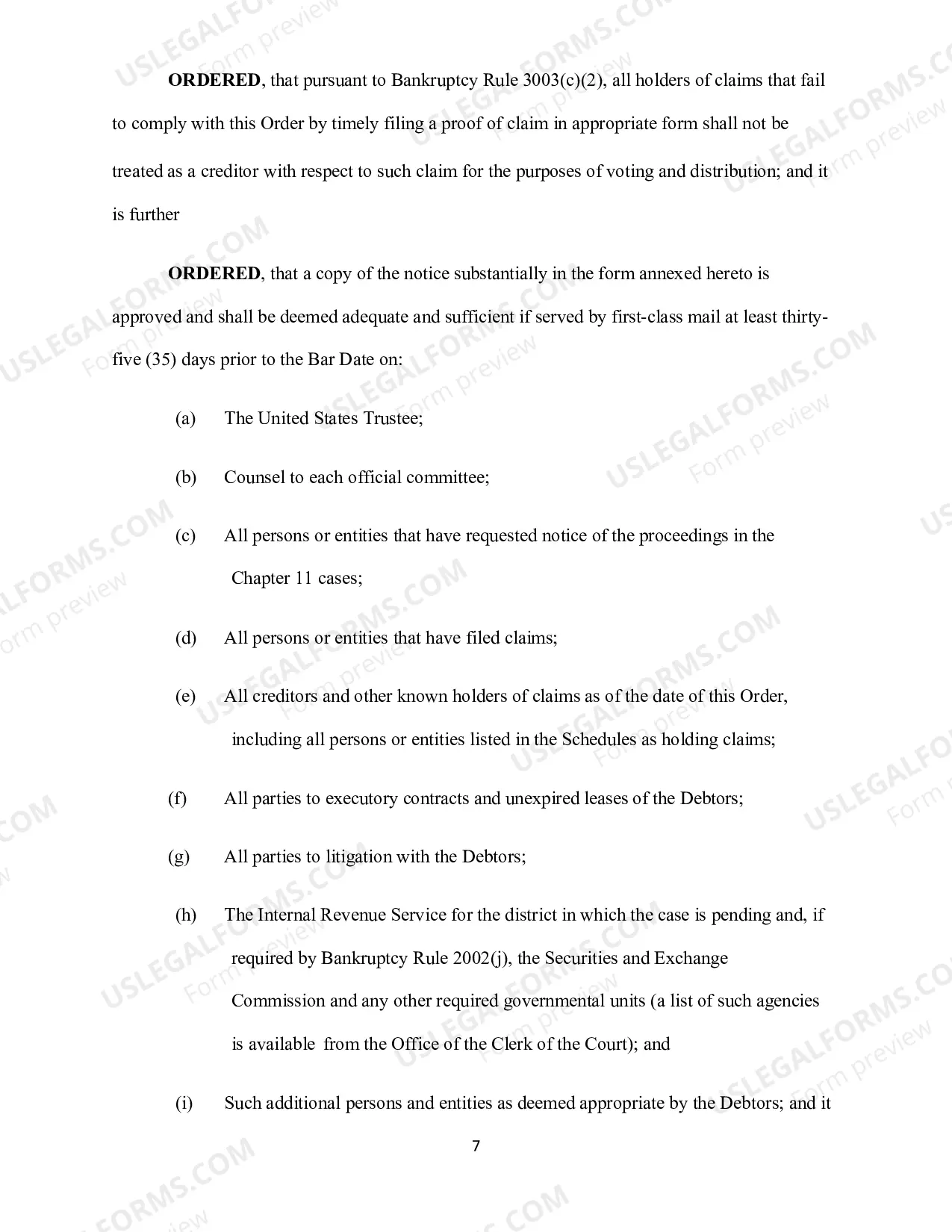 Preview FORM ORDER ESTABLISHING DEADLINE FOR FILING PROOFS of CLAIM (BAR DATE)