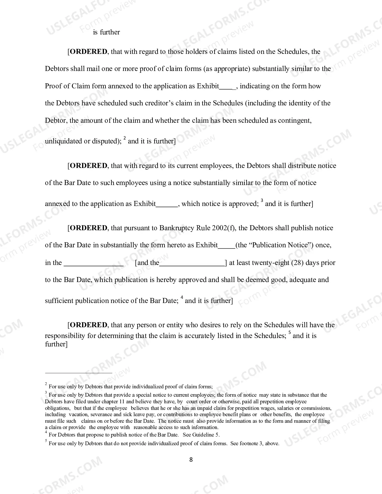 Preview FORM ORDER ESTABLISHING DEADLINE FOR FILING PROOFS of CLAIM (BAR DATE)