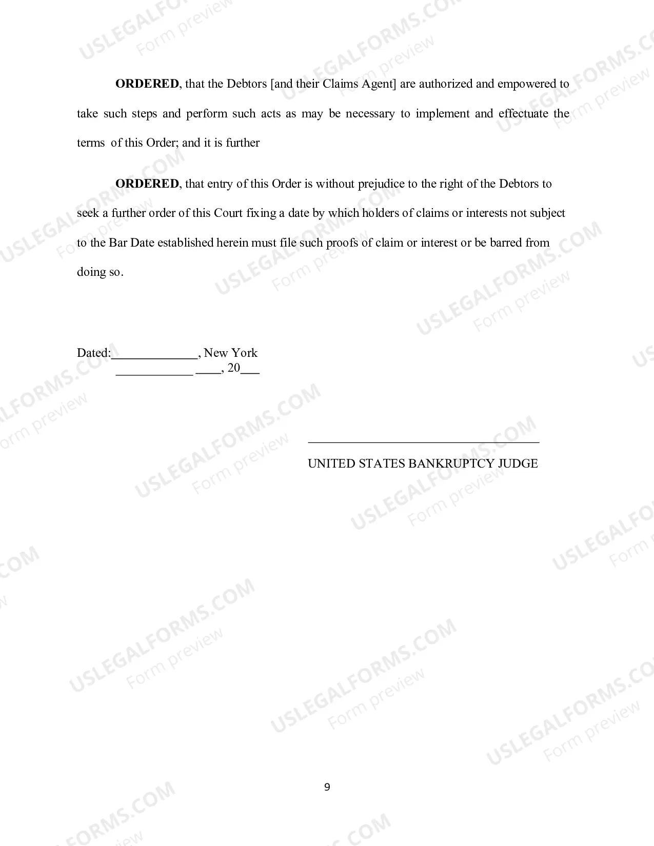 Preview FORM ORDER ESTABLISHING DEADLINE FOR FILING PROOFS of CLAIM (BAR DATE)
