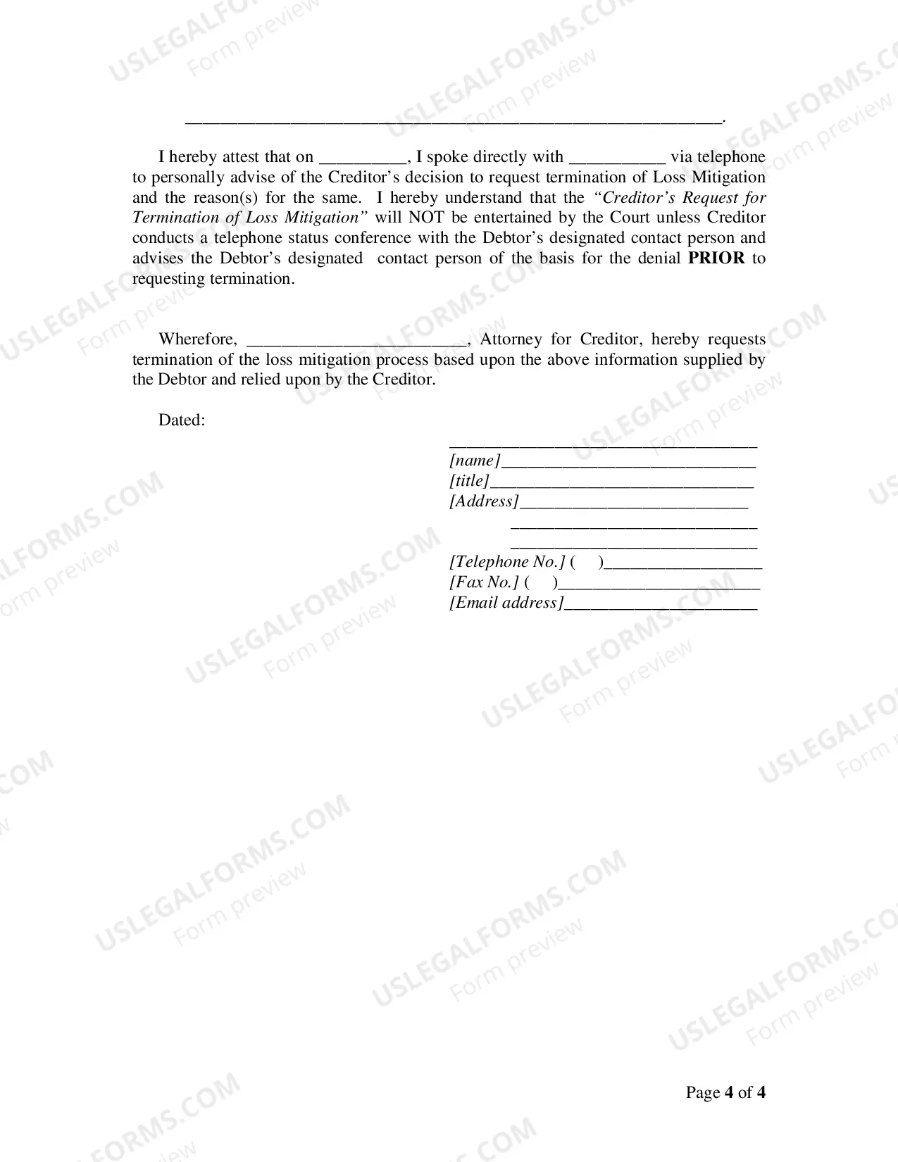 Preview Creditor's Request for Termination of Loss Mitigation
