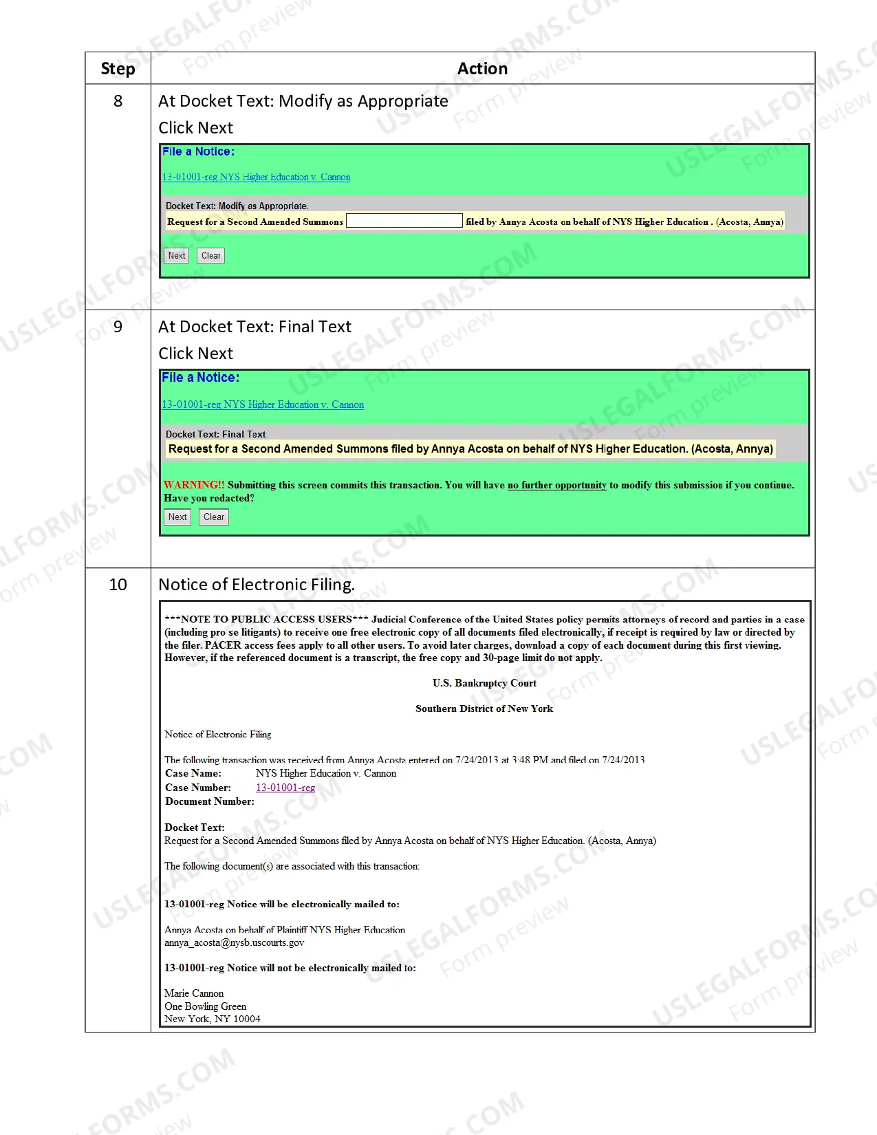 Preview Instructions for docketing the Request for Subsequent Summons