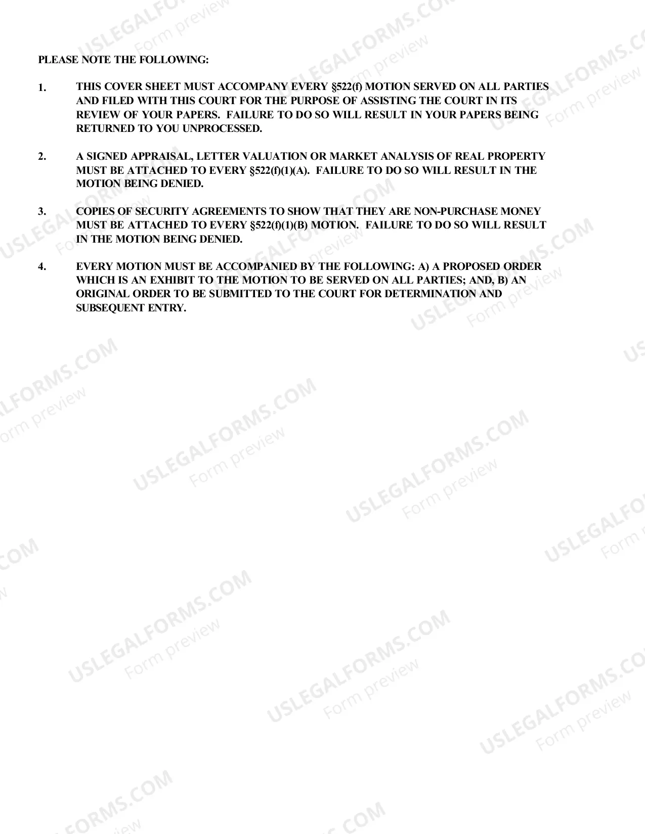 Preview Cover Sheet Section 522(f) Avoidance of Liens
