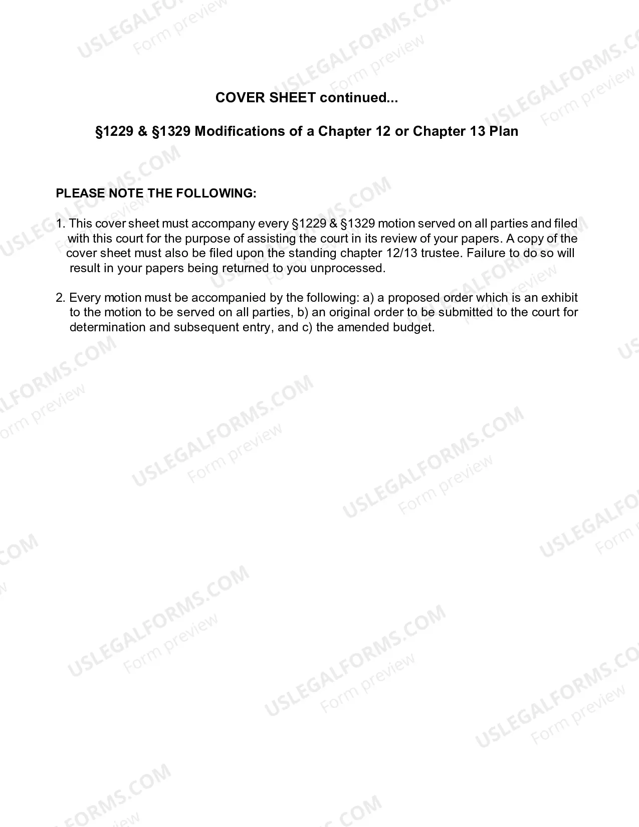 Preview Cover Sheet Sections 1229 And 1329 Modifications of Ch 12 Or Ch 13 Plan