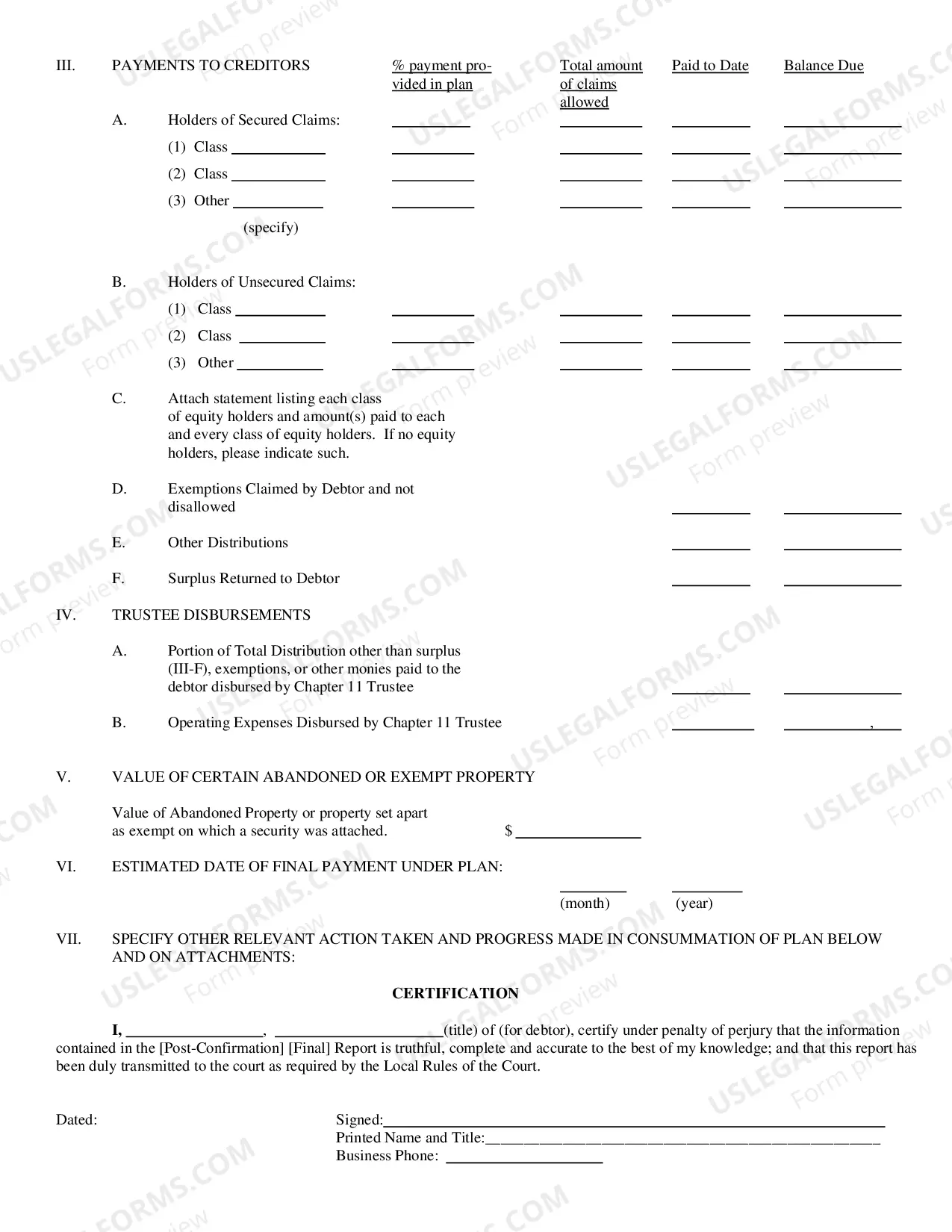 Preview Debtors Final Or Post Confirmation Report And Account In A Chaper 11 Case