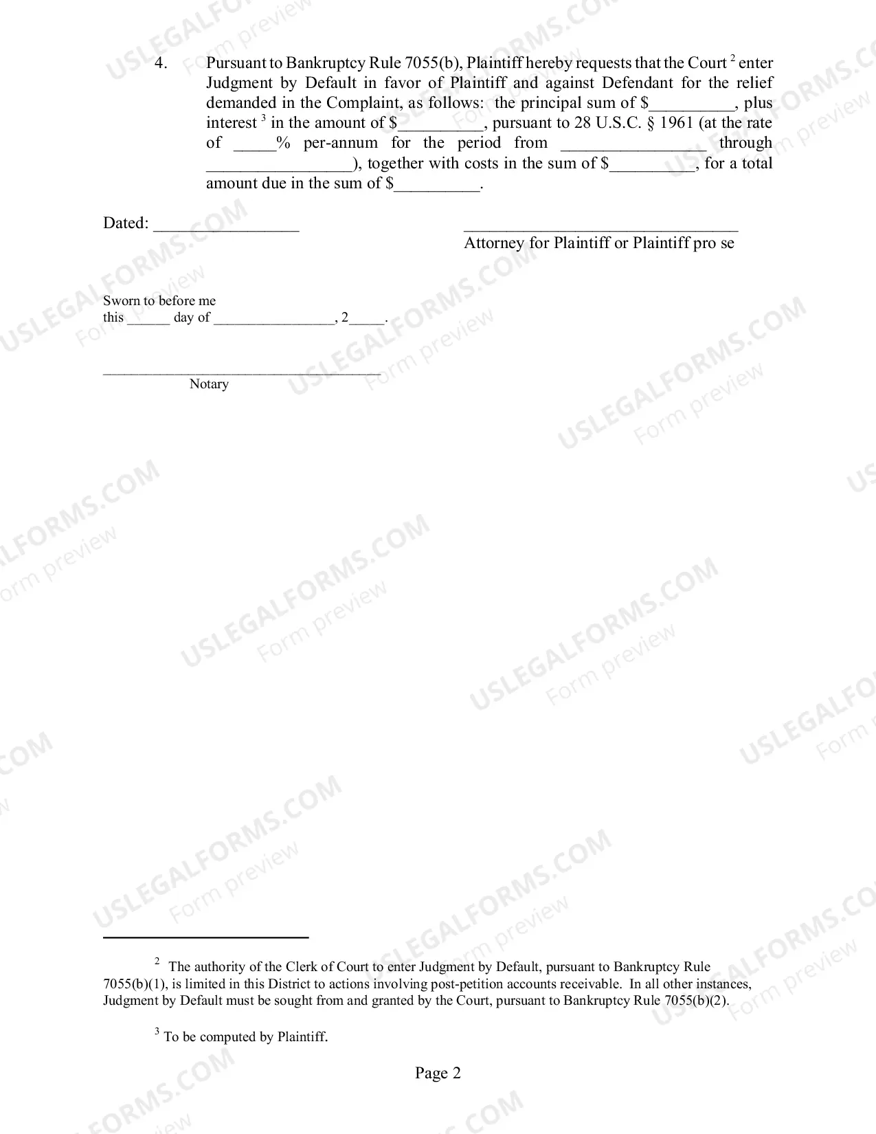 Preview Judgment by Default/Rule 7055 - Core - If Debtor is the Defendant, DO NOT use.