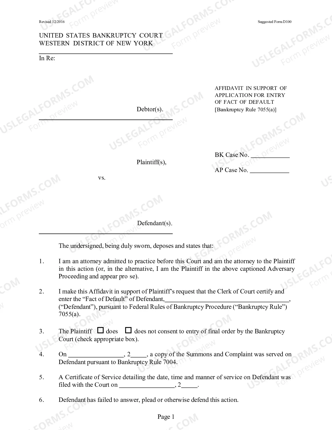 Preview Judgment by Default/Rule 7055 - Non Core (BUFFALO ONLY) - If Debtor is the Defendant, DO NOT use.