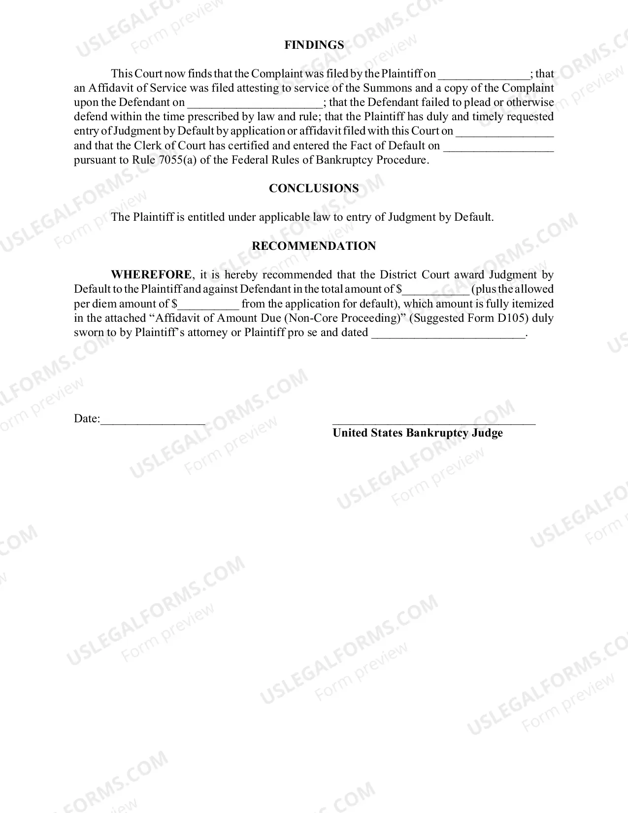 Preview Judgment by Default/Rule 7055 - Non Core (BUFFALO ONLY) - If Debtor is the Defendant, DO NOT use.