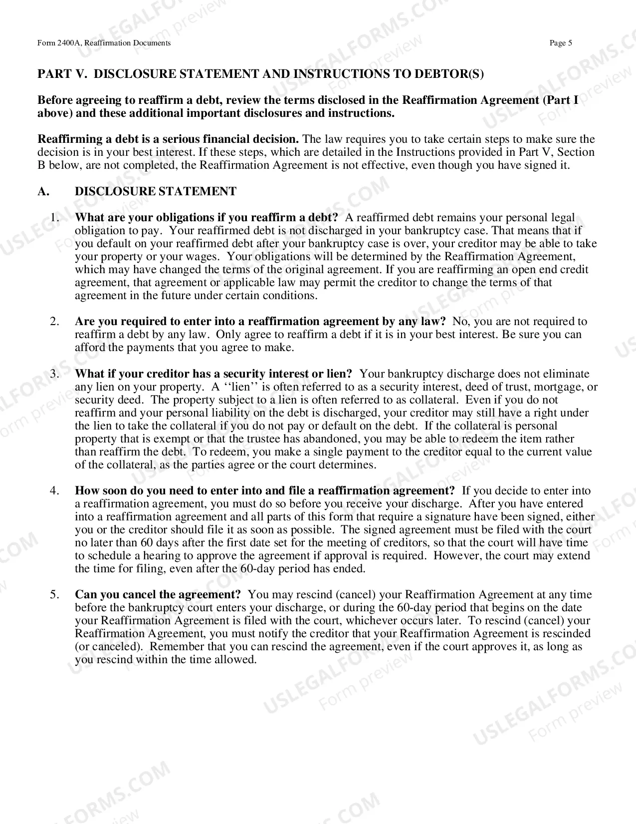 Preview Reaffirmation Agreement - Order Form B240a (12/15)