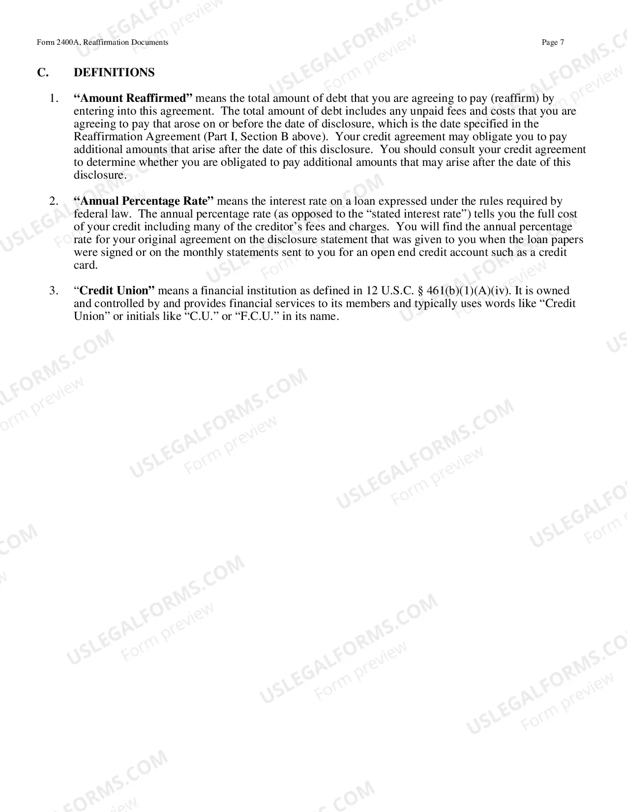 Preview Reaffirmation Agreement - Order Form B240a (12/15)