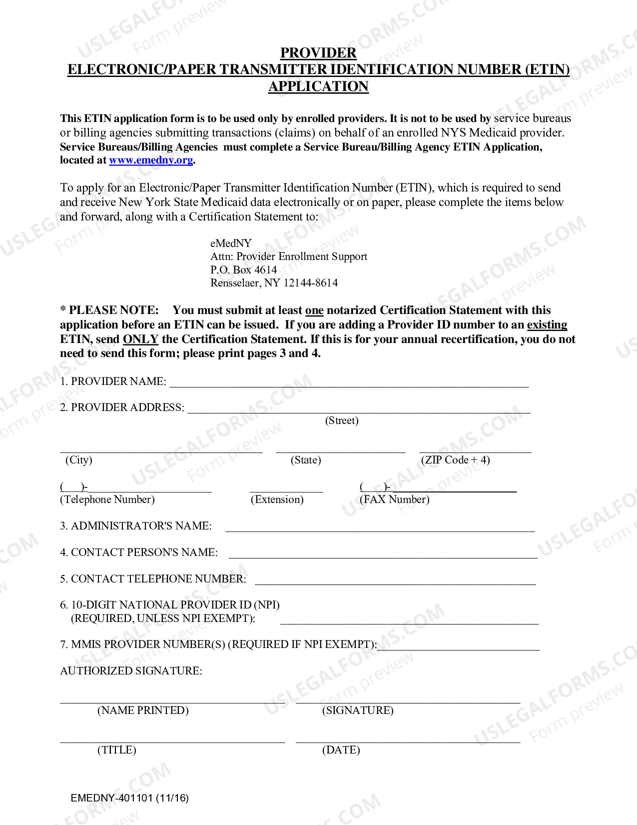 Preview Provider Electronic/Paper Transmitter Identification Number (ETIN)