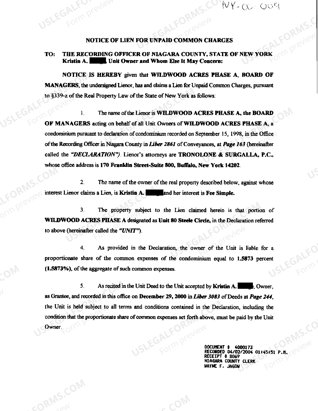 New York Notice of Lien for Unpaid Common Charges US Legal Forms