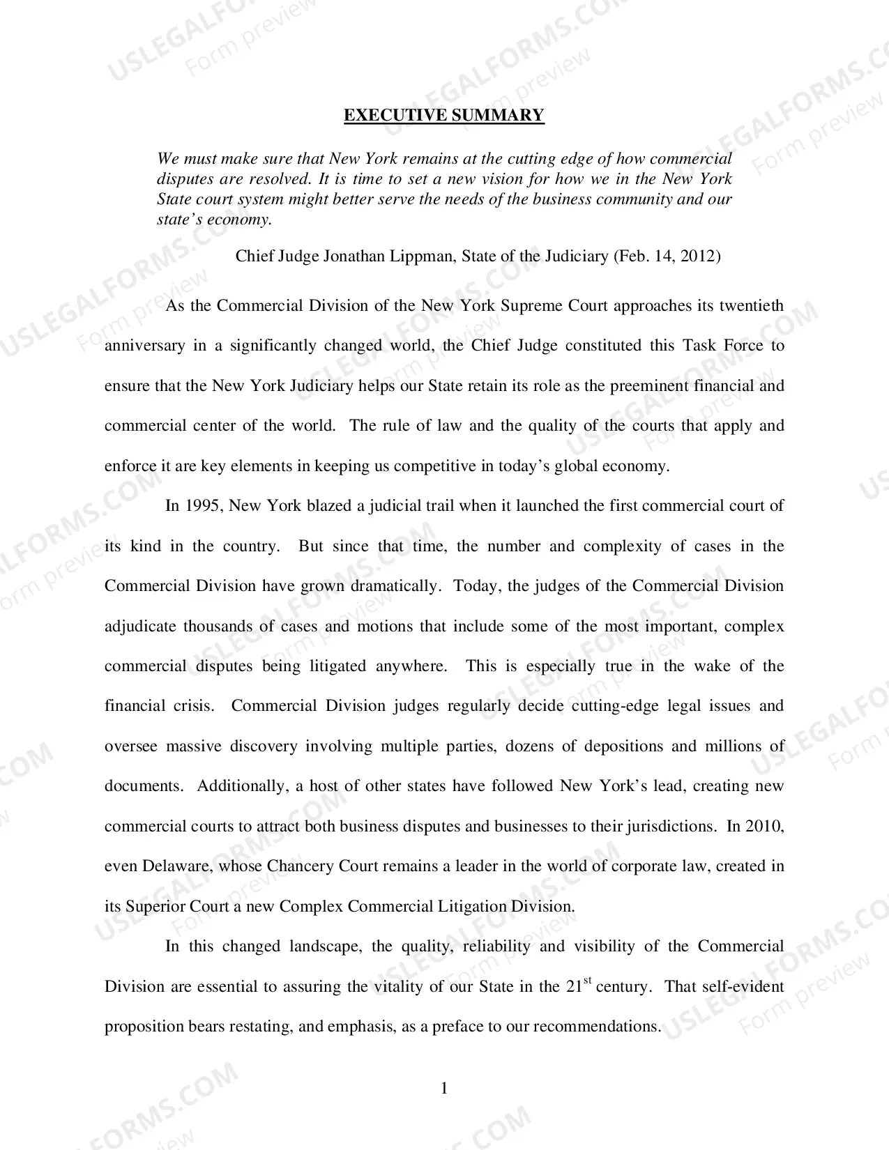 Preview The Chief Judge's Task Force on Commercial Litigation in the 21st Century - Report
